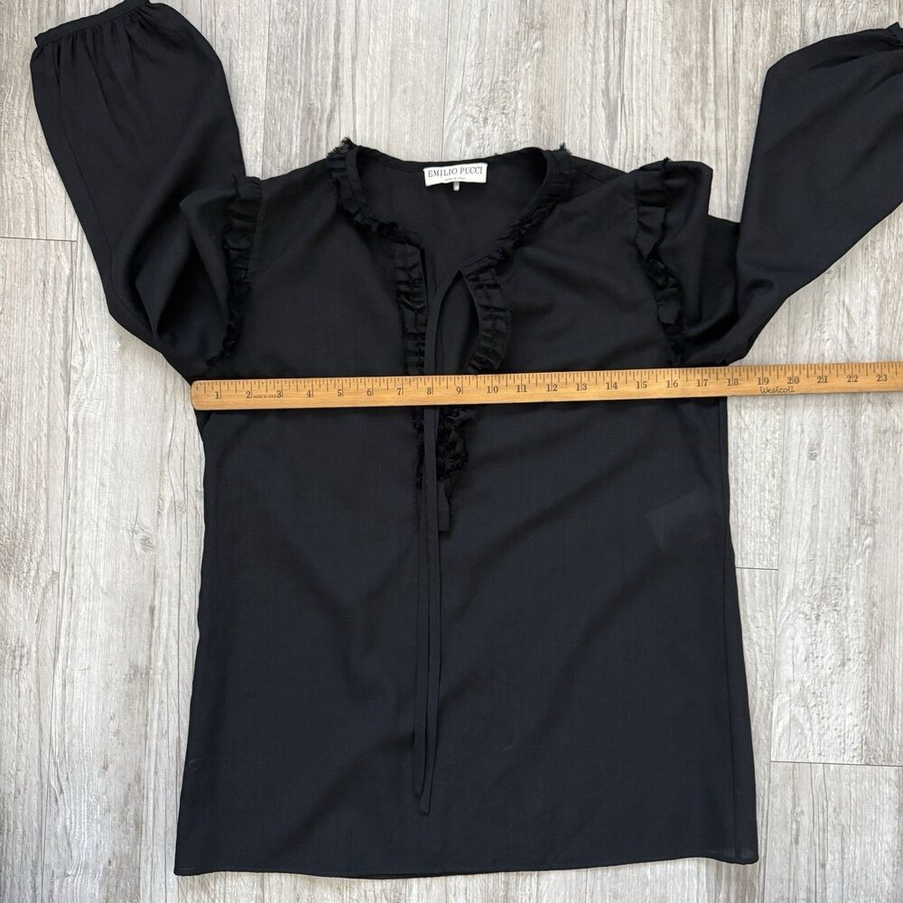 Emilio Pucci Ruffle Tie-Neck Blouse Size 6 Black Long Sleeve Italy Dark Romantic - Picture 7 of 7